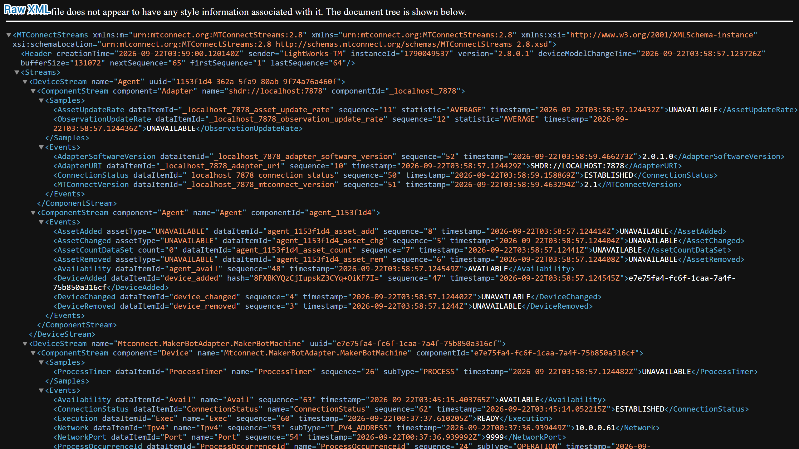 Raw XML, legacy styles, open-source styles, and TAMS v0.1.1 are shown in sequence. The TAMS view includes Probe, Current, Sample, and Export MEP controls.