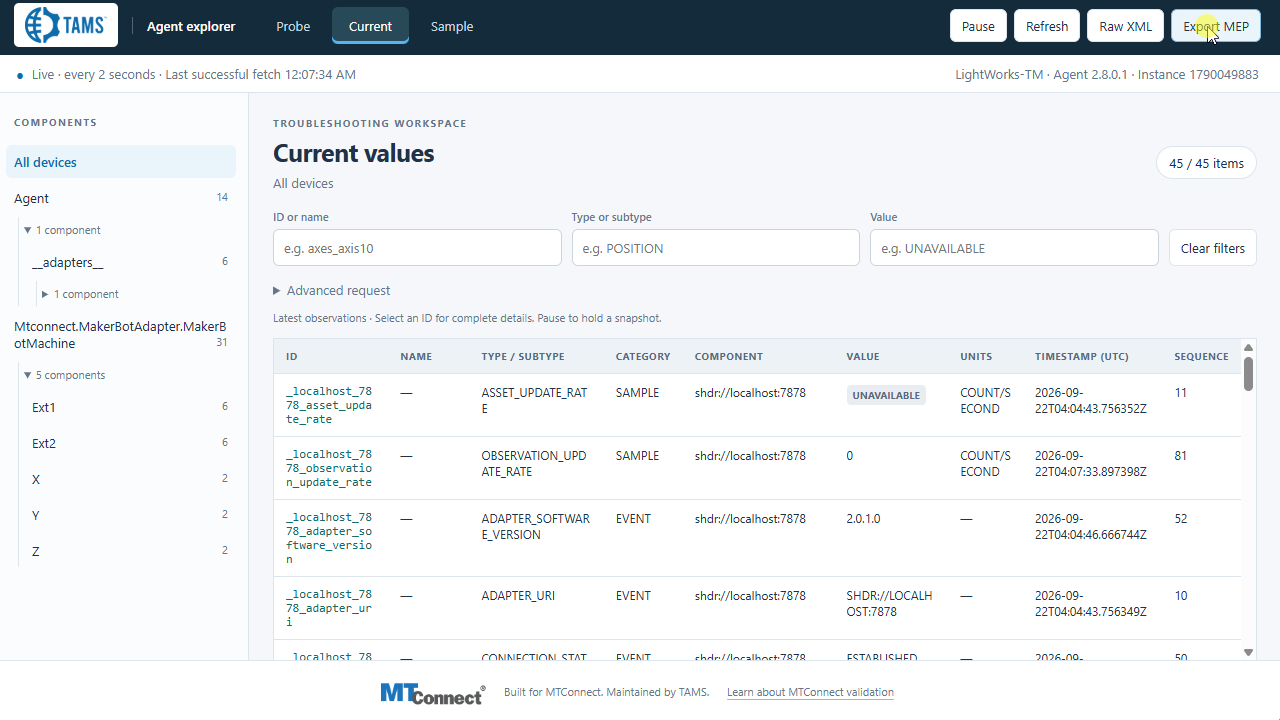 The recording follows Export MEP in the Agent, then opens the package in MEP Explorer to inspect capture coverage, execution states, and the exact state breakdown. Processing time varies by package.
